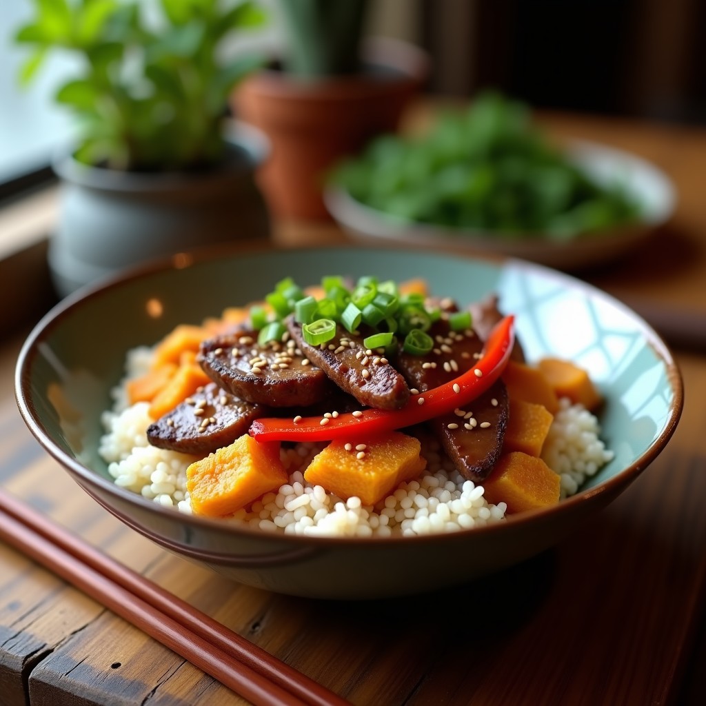 Bowl taiwandés colorido con arroz basmati, jackfruit desmenuzado dorado, tiras de picanha jugosa, cebolla morada y pimiento rojo salteados, decorado con semillas de sésamo y cebollino fresco.