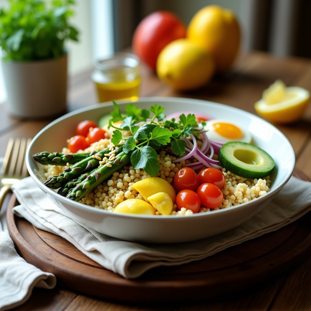 Bowl colorido con teff integral cocido como base, espárragos trigueros salteados, cebolla morada y pimiento rojo asado marinado, aceitunas negras, almendras fileteadas y hierbas frescas, bañado en aderezo de limón y aceite de oliva. Plato vegano etíope saludable y nutritivo.