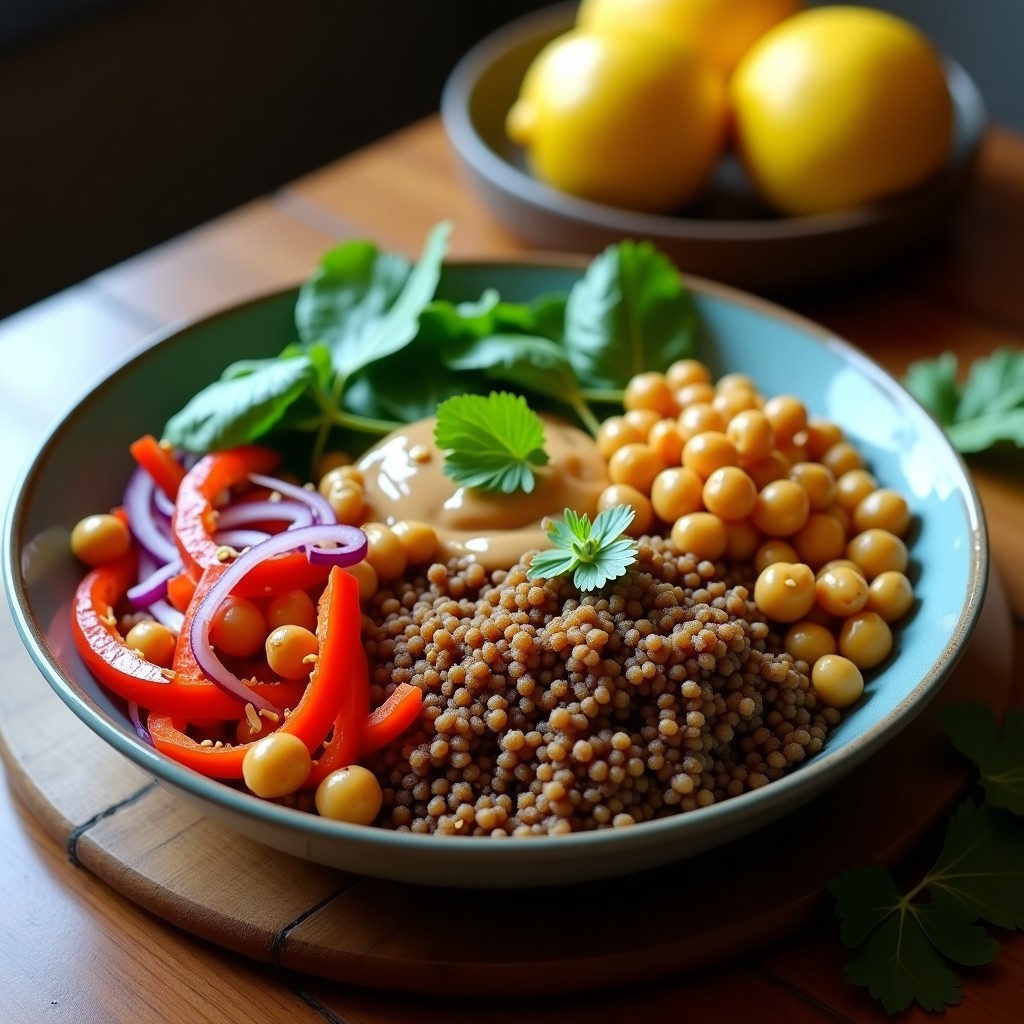 Bowl etíope vegano con teff integral esponjoso, garbanzos dorados y crujientes, cebolla morada y pimiento rojo salteados, espinacas frescas, tomates cherry y un generoso chorro de aderezo cremoso de tahini y limón. Decorado con semillas de sésamo tostadas y cilantro fresco picado.