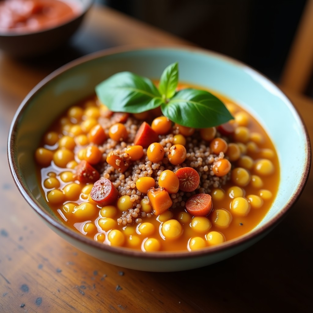 Bowl colorido con base de teff marrón, garbanzos dorados y crujientes, cebolla morada y pimiento rojo salteados, espinacas frescas, almendras fileteadas y semillas de sésamo, bañado en aliño de tamarindo. Receta etíope keto y alta en hierro.