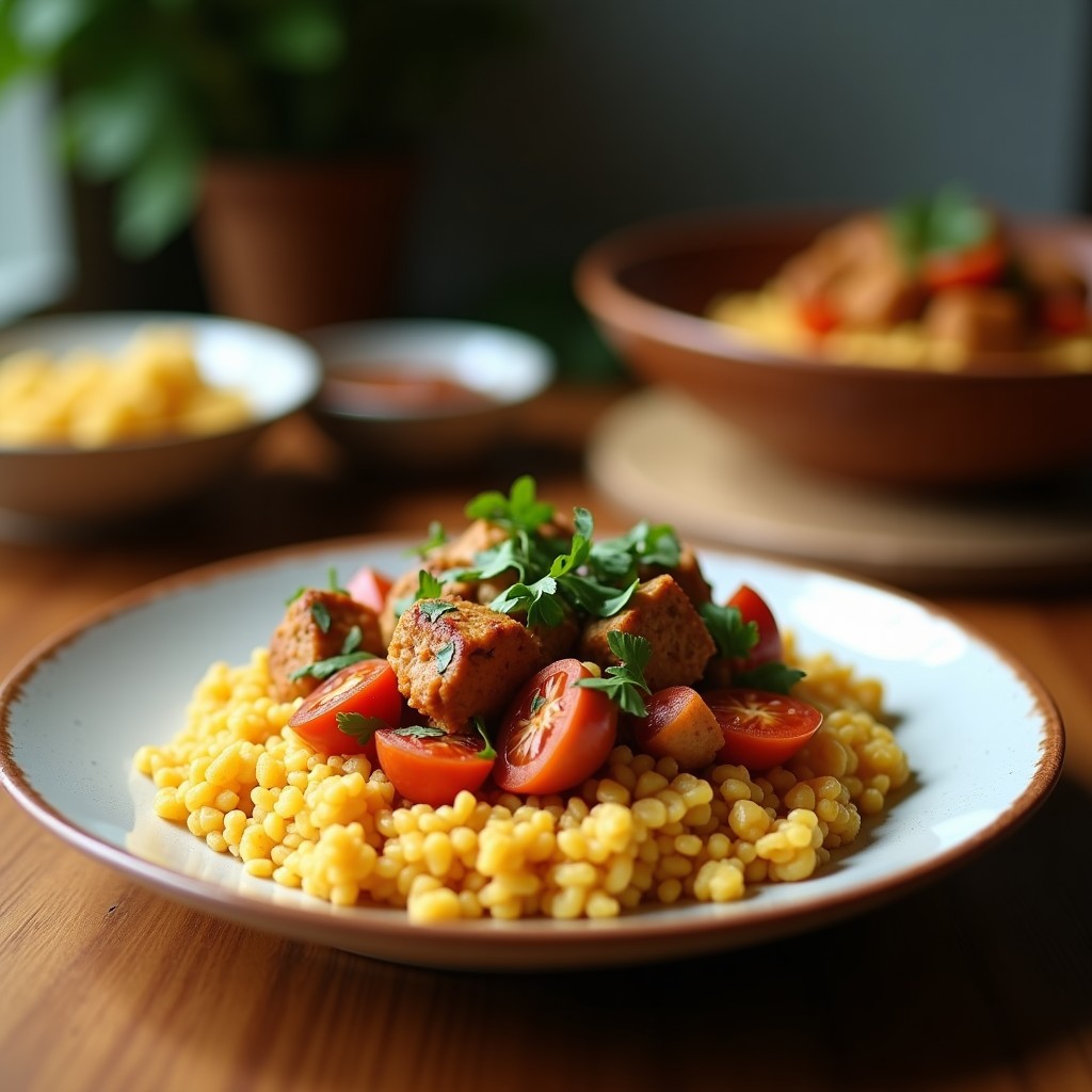 Bowl de teff tostado con pollo dorado al aderezo de tamarindo, huevo frito, espinacas frescas y semillas de sésamo, desayuno etíope alto en hierro.