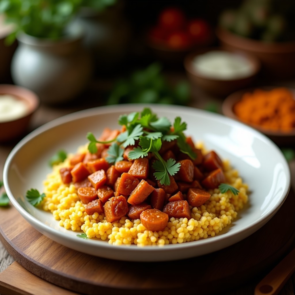 Bowl colorido con base de teff integral, trozos de pollo dorado al berbere, vegetales asados (cebolla morada, pimiento rojo y calabacín), espinacas frescas, semillas de sésamo y aderezo de yogur griego. Plato tradicional etíope alto en hierro, servido en un bol rústico de cerámica con fondos de especias.
