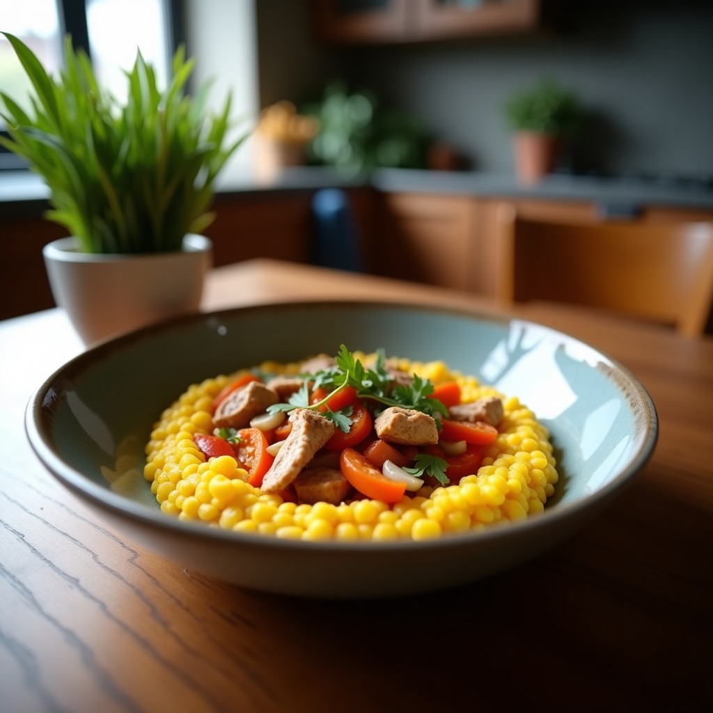 Bowl de teff marrón esponjoso con tiras de pollo dorado al maracuyá, berenjena y calabacín asados, espinacas frescas y semillas de sésamo. Plato colorido con tonos tierra y verdes, típico de la cocina etíope keto.