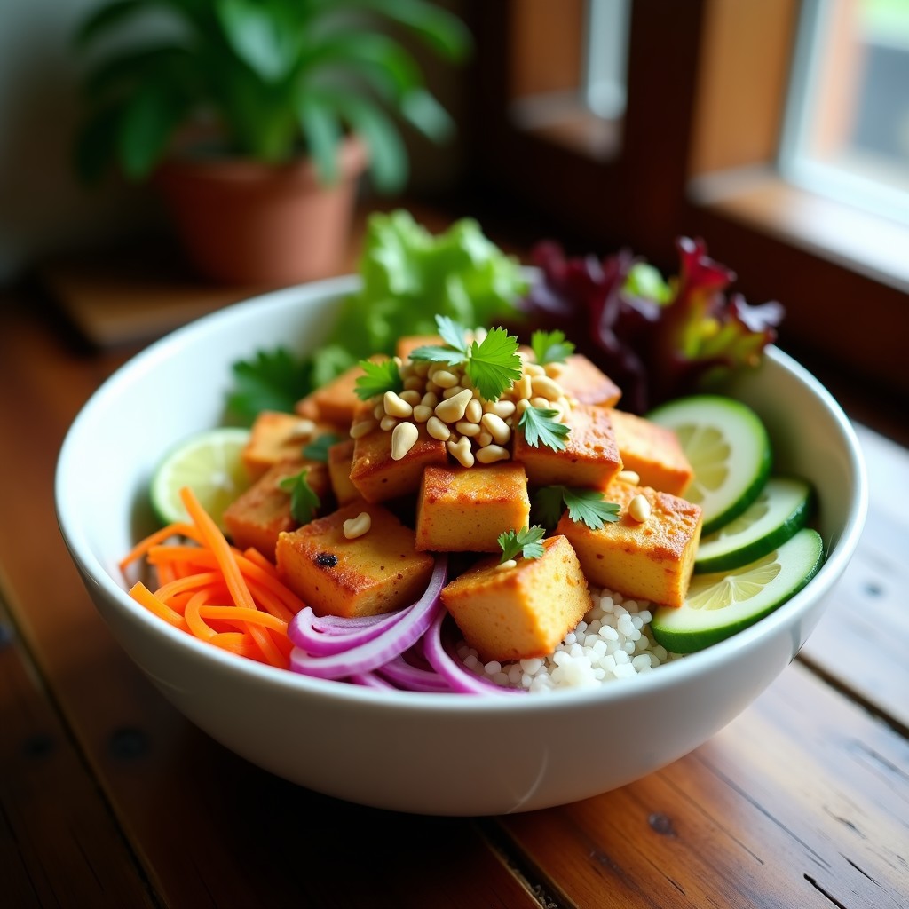 Bowl tailandés con arroz basmati, tofu dorado crujiente, zanahoria, pepino, cebolla morada y cilantro, bañado en salsa de cacahuete cremosa y decorado con cacahuetes tostados.