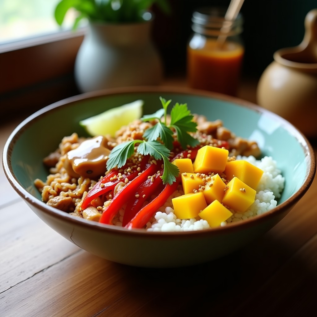 Bowl tailandés vegano con jackfruit desmenuzado salteado, arroz basmati, mango fresco en cubos, pimiento rojo y cebolla morada. Decorado con cilantro, semillas de sésamo y un aderezo cremoso de cacahuete. Plato colorido y vibrante con fondo rústico.