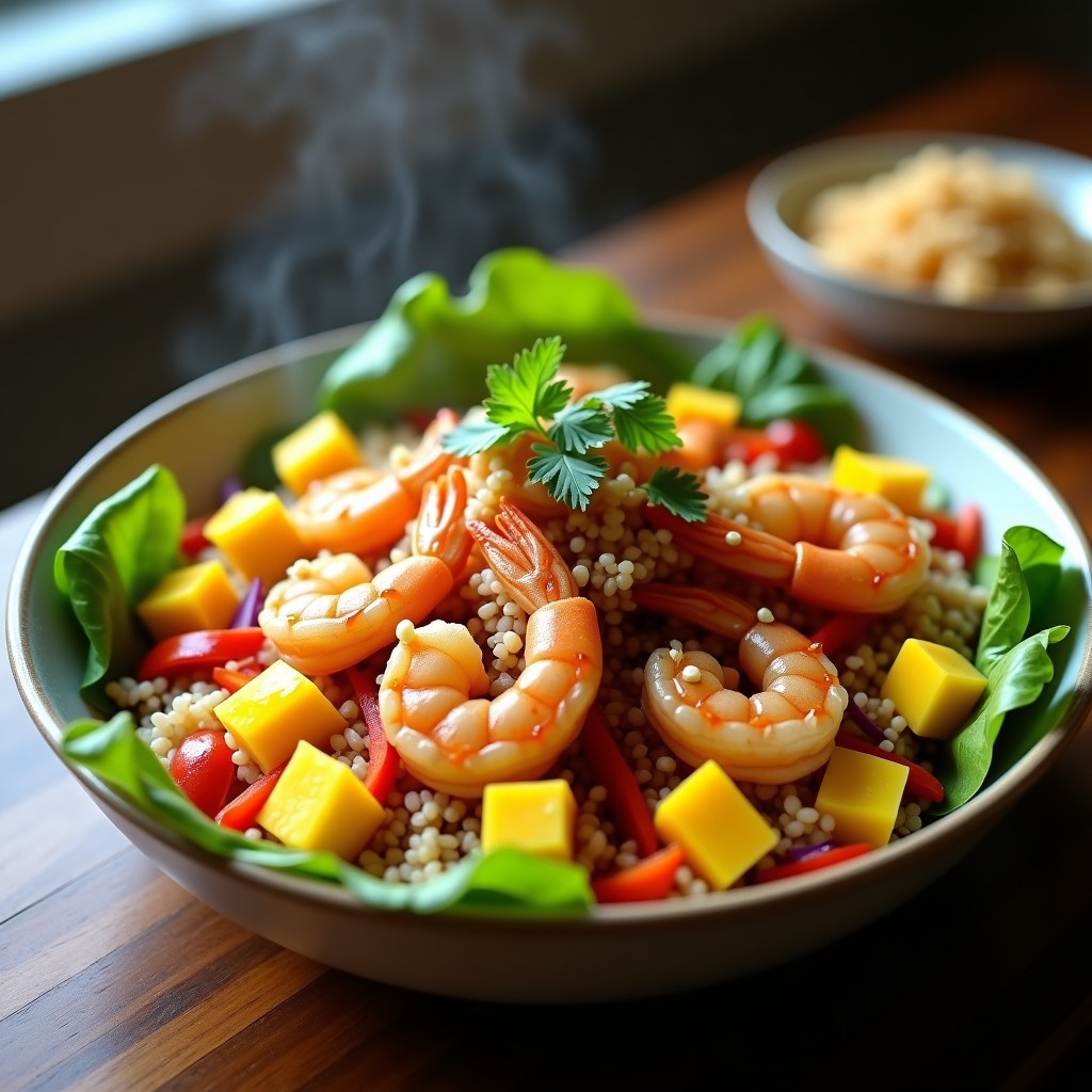 Bowl tailandés colorido con base de lechuga morada, arroz basmati, mango en cubos, pimiento rojo, cebolla morada, gambas doradas al airfryer y decoración de semillas de sésamo y cilantro, servido con aderezo tailandés brillante.