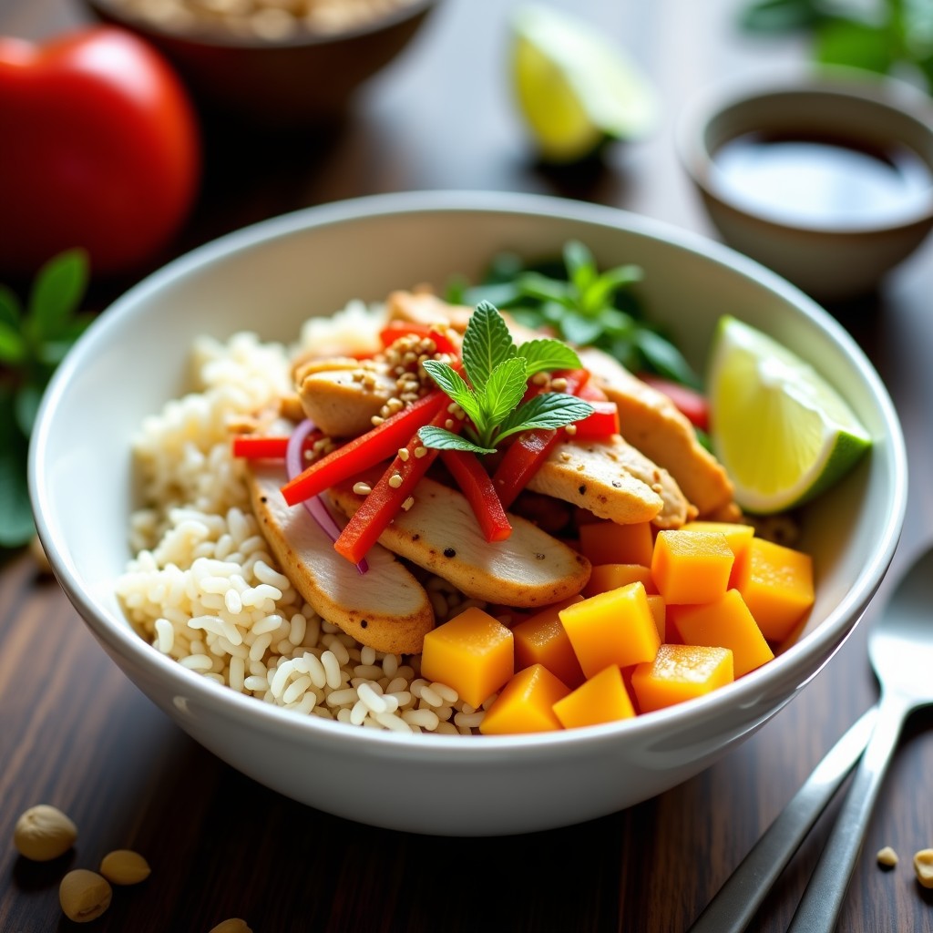 Bowl tailandés colorido con arroz basmati, pollo dorado, mango en cubos, pimiento rojo, cebolla morada y cacahuetes tostados, decorado con hojas de menta.