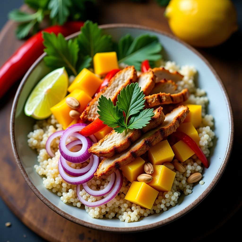 Bowl tailandés colorido con quinoa blanca como base, pollo dorado en tiras, cubos de mango amarillo, cebolla morada, pimiento rojo, cacahuetes tostados y hierbas frescas, receta umami rápida.