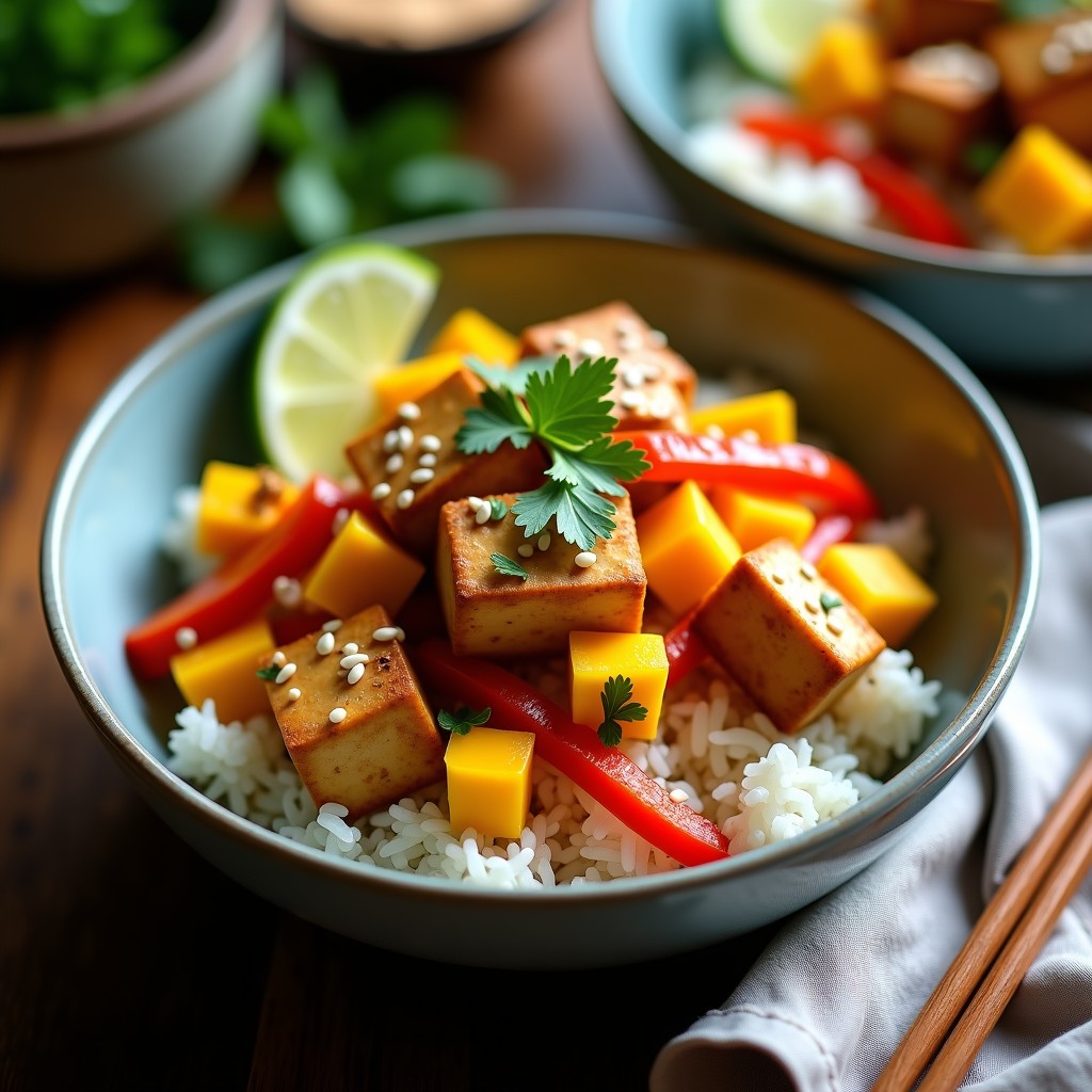 Bowl tailandés colorido con tofu dorado crujiente, cubos de mango amarillo, juliana de zanahoria y pimiento rojo sobre arroz basmati, bañado con salsa de cacahuete y decorado con cilantro y semillas de sésamo.