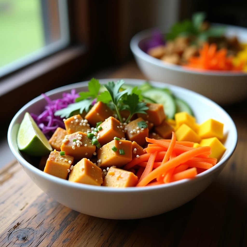 Bowl tailandés colorido con tofu crujiente dorado, cubos de mango amarillo, zanahoria rallada, pepino y repollo morado, bañado en aderezo cremoso de cacahuete y decorado con semillas de sésamo y cilantro fresco.