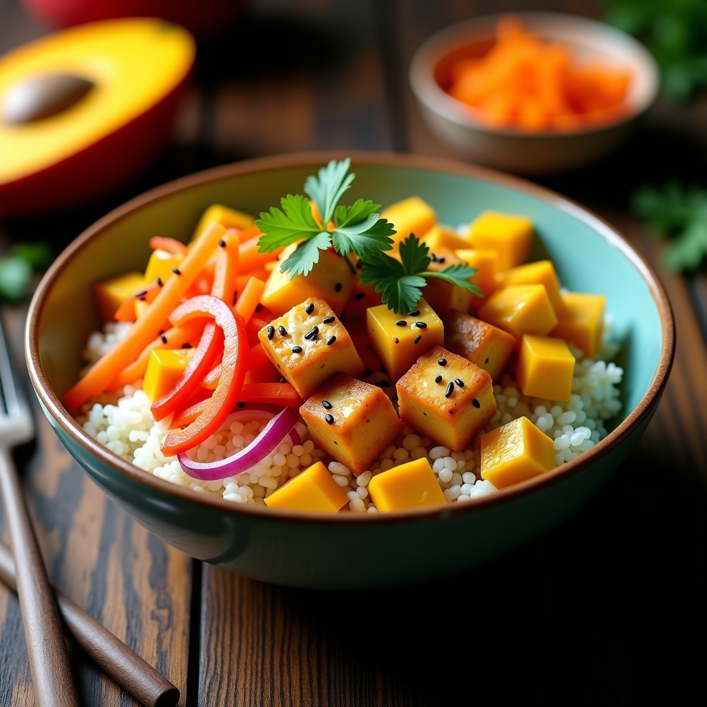 Bowl tailandés colorido con arroz basmati, tofu dorado, mango en cubos, pimiento rojo, zanahoria y cebolla morada, decorado con cilantro y semillas de sésamo, con aderezo de cacahuete.