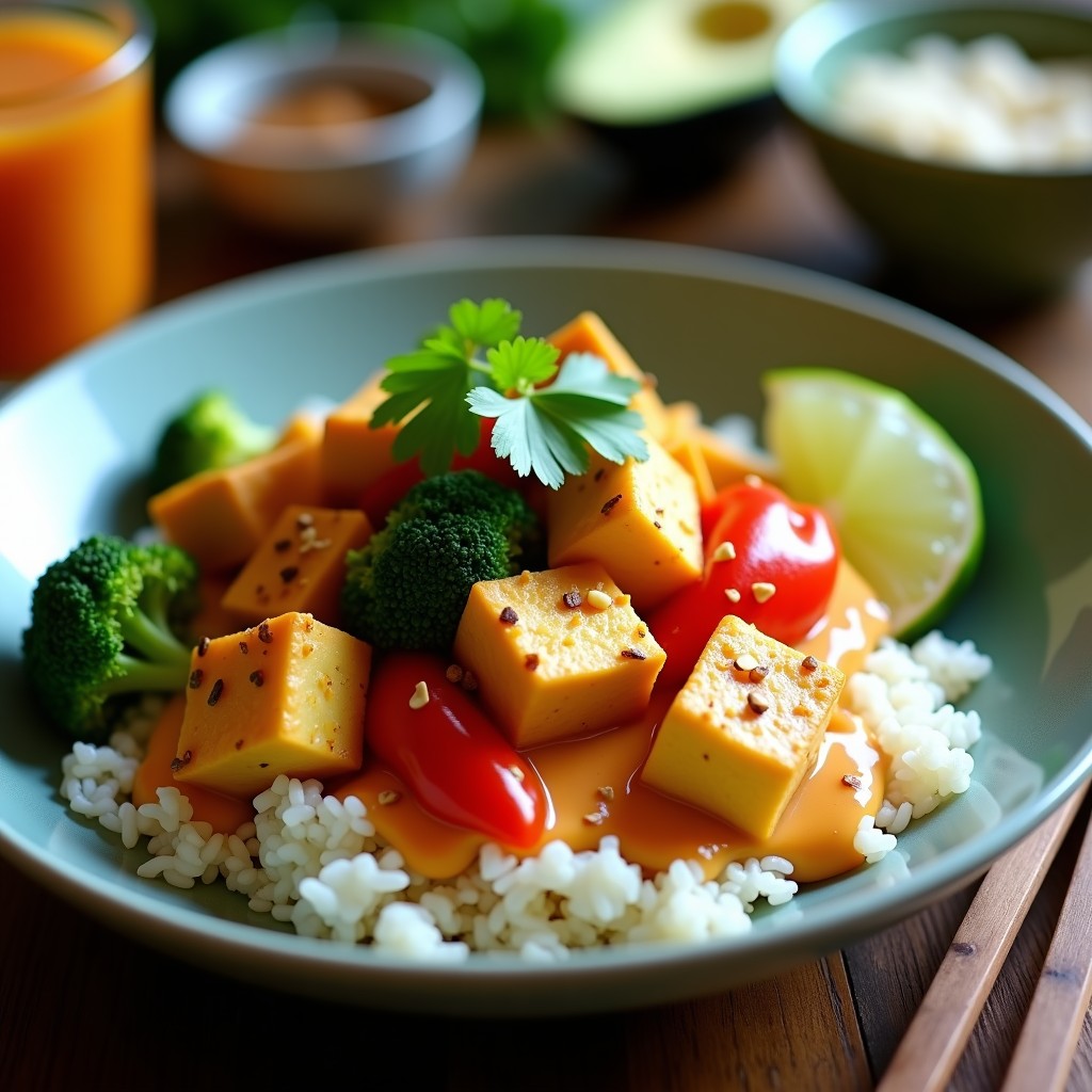 Bowl tailandés de curry panang con tofu crujiente, brócoli, pimiento rojo y salsa de coco cremosa, decorado con anacardos y cilantro fresco.