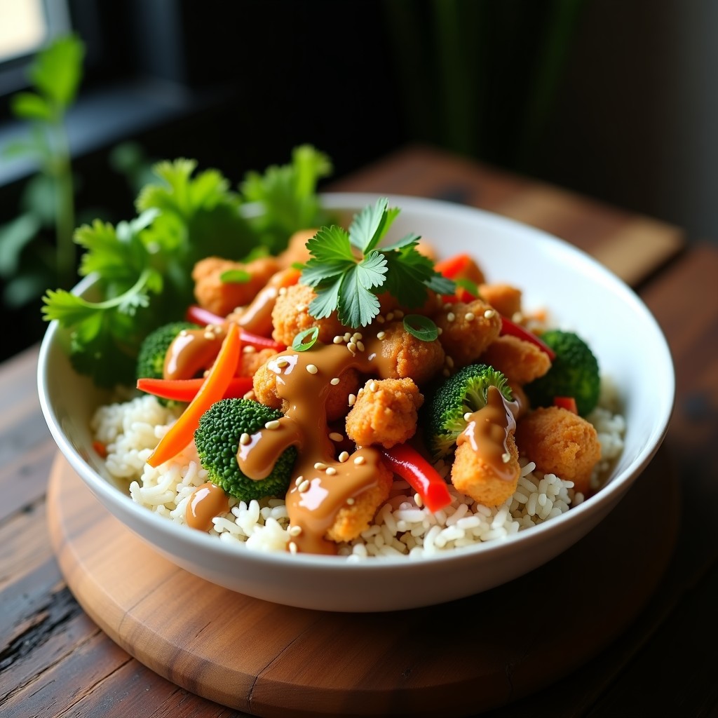 Bowl tailandés colorido con arroz basmati, pollo dorado, brócoli, zanahoria y pimiento rojo, cubierto con salsa de cacahuete cremosa y decorado con cilantro y semillas de sésamo, receta airfryer.