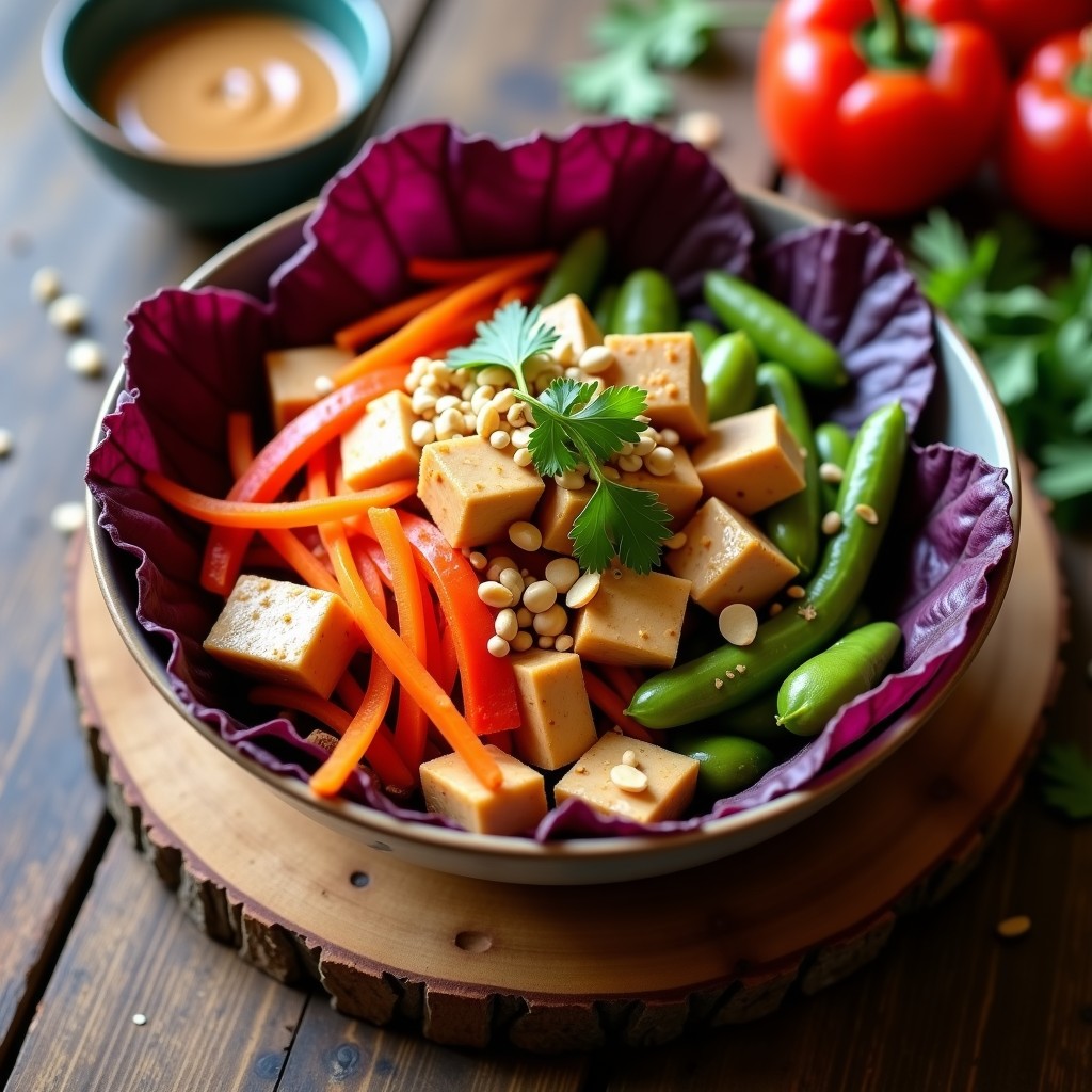 Bowl tailandés vegano con base de lechuga morada, tofu dorado, zanahoria en juliana, pimiento rojo, edamame y salsa de cacahuete cremosa, decorado con cacahuetes tostados y cilantro fresco.