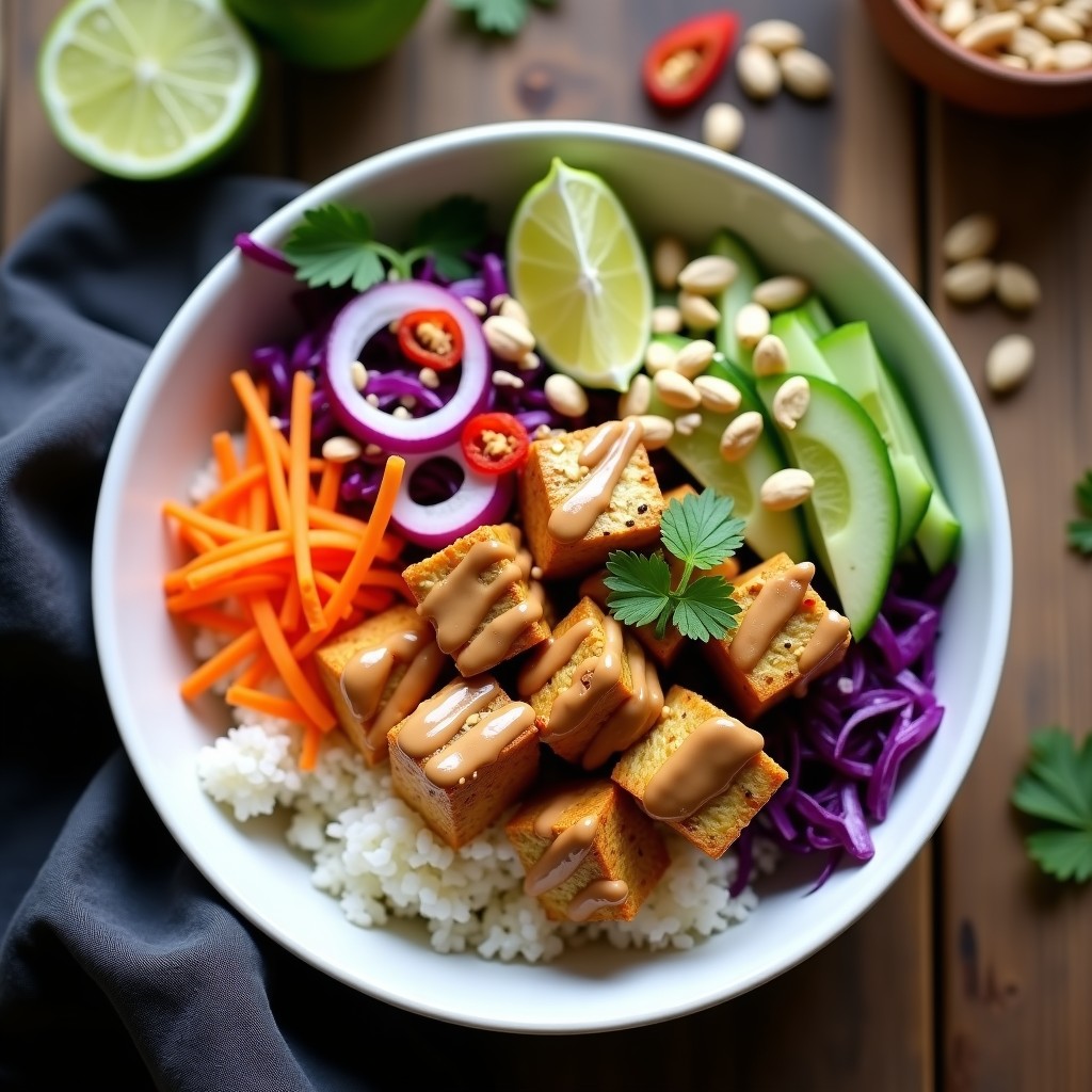 Bowl tailandés vegano con arroz basmati, tofu dorado, zanahoria rallada, pepino, cebolla morada y salsa de cacahuete cremosa, decorado con cacahuetes y cilantro fresco.