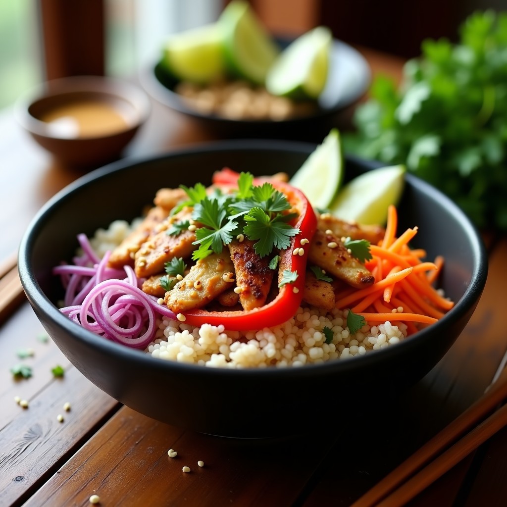 Bowl tailandés colorido con arroz basmati, tiras de pollo dorado, pimiento rojo, zanahoria y cebolla morada asados, brotes de soja, salsa satay de cacahuete cremosa, cilantro fresco y cacahuetes picados por encima, servido en cuenco negro.