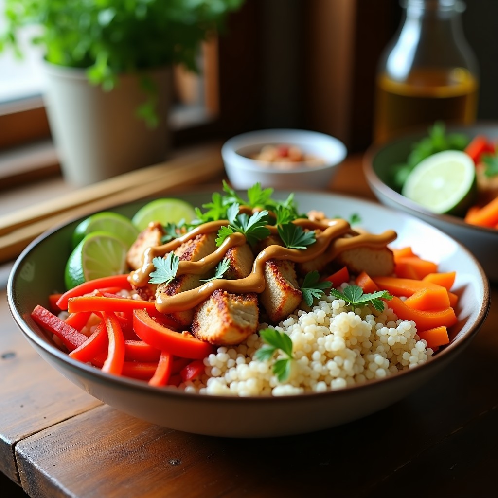 Bowl colorido con quinoa blanca como base, pollo dorado en tiras, pimiento rojo, zanahoria y cebolla morada salteadas, brotes de soja frescos, salsa de cacahuete cremosa y semillas de sésamo tostadas, receta tailandés alta en proteína.