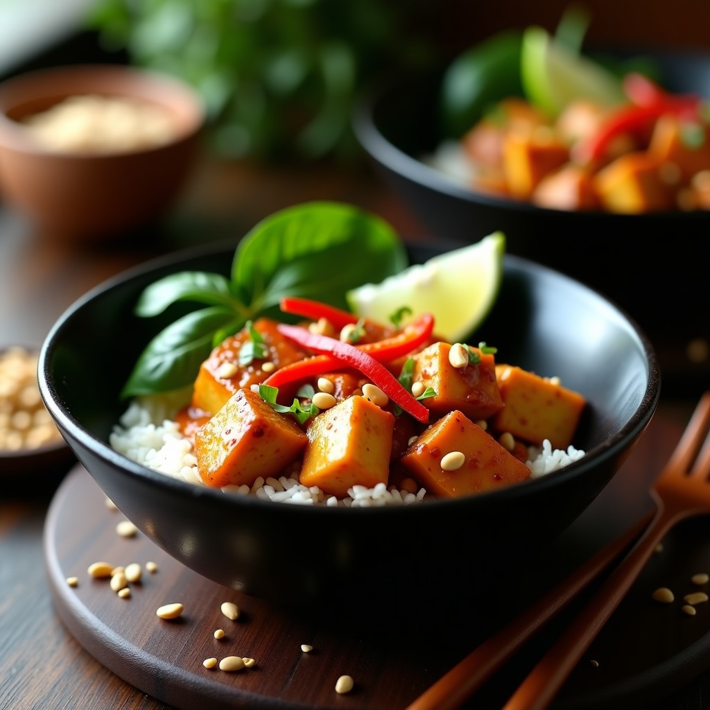 Bowl tailandés de tofu al café en un plato hondo negro, con arroz basmati, tofu dorado, salsa cremosa de café y curry rojo, decorado con cacahuetes tostados y rodajas de limón.