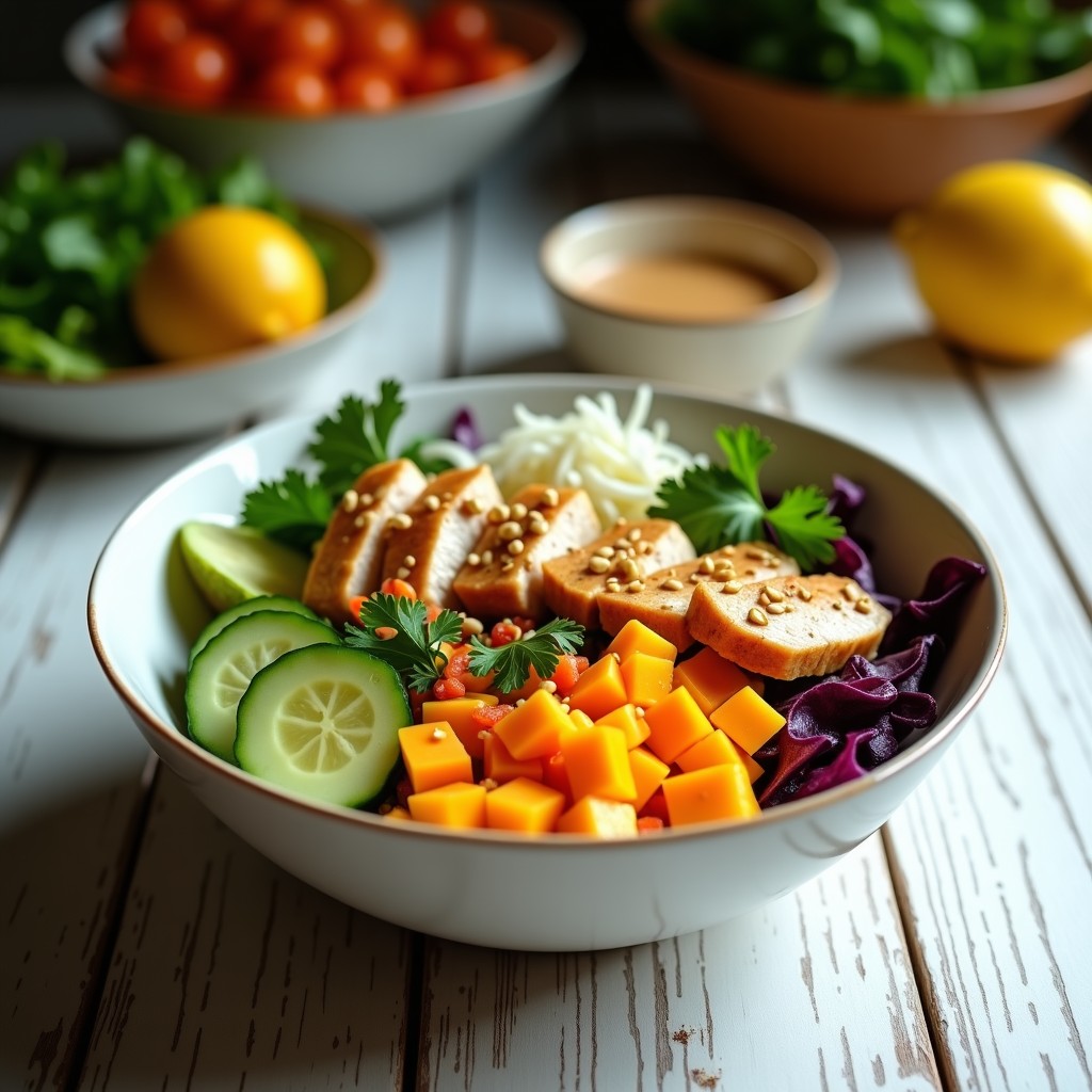 Bowl tailandés de verano con base de lechuga morada, tiras de pollo dorado, cubos de mango, zanahoria rallada, pepino en juliana y cebolla morada, bañado con salsa de cacahuete y decorado con semillas de sésamo y chile rojo.