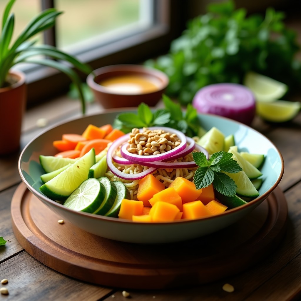 Bowl tailandés de verano con papaya verde en juliana, mango en cubos, zanahoria rallada, pepino y cebolla morada, adornado con menta, cilantro y cacahuetes tostados.