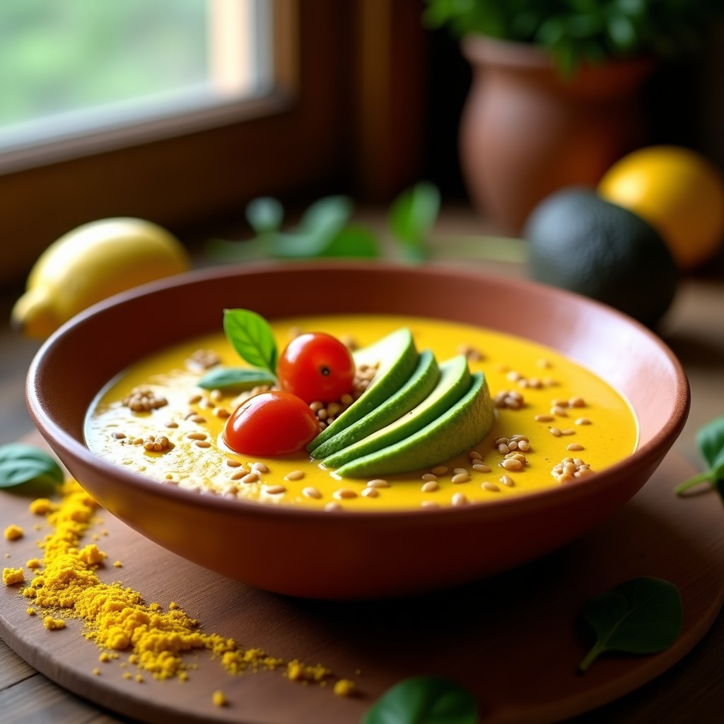 Bowl colorido de thembu y espinacas con toques dorados de cúrcuma, garbanzos, aguacate en láminas, tomates cherry y semillas de sésamo, servido en plato hondo de barro. Desayuno vegano suazilandés alto en proteína.