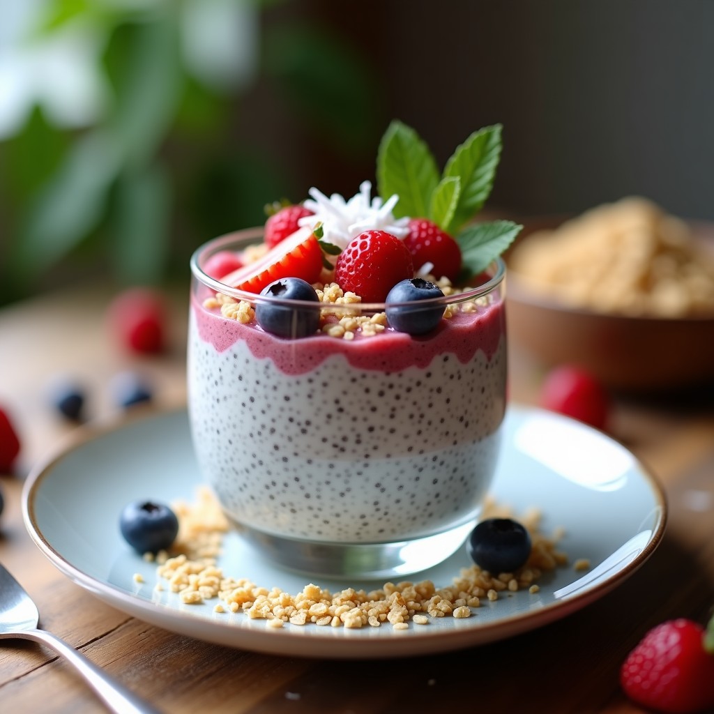 Bowl de cristal transparente con capas de pudín de chía cremoso, bañado en tres leches vegetales, coronado con frutos rojos, coco rallado y granola crujiente. Receta vegana sin azúcar.