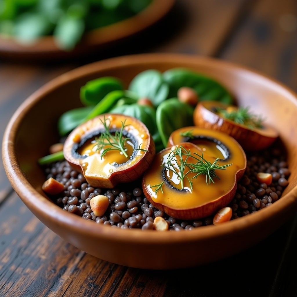 Bowl rústico de trigo sarraceno oscuro con champiñones portobello dorados, espinacas frescas, nueces pecanas y un aderezo brillante de mostaza y miel, decorado con eneldo. Receta rusa vegana.
