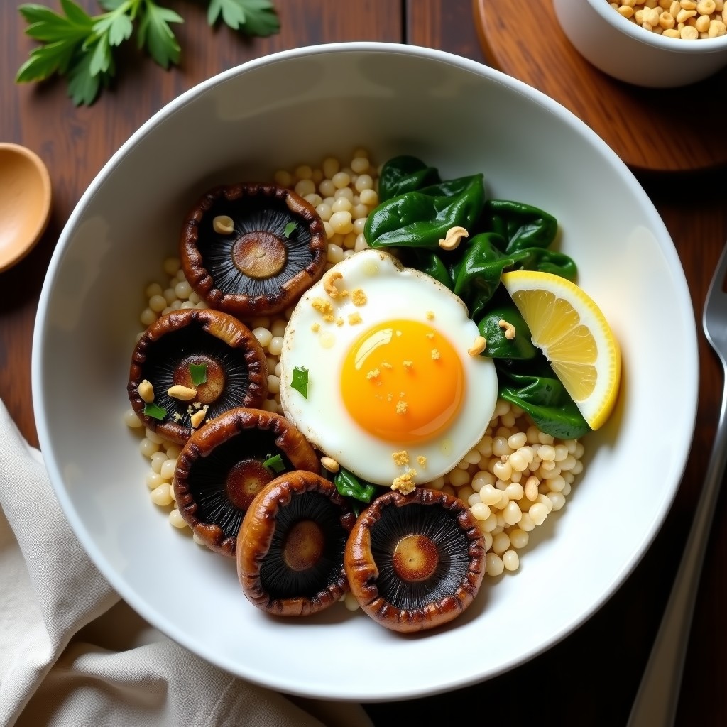 Bowl hondo de cerámica blanca con base de trigo sarraceno, champiñones portobello asados en láminas doradas, espinacas salteadas, huevo de lino espeso y anacardos tostados. Plato colorido y vegano, desayuno alto en proteína.