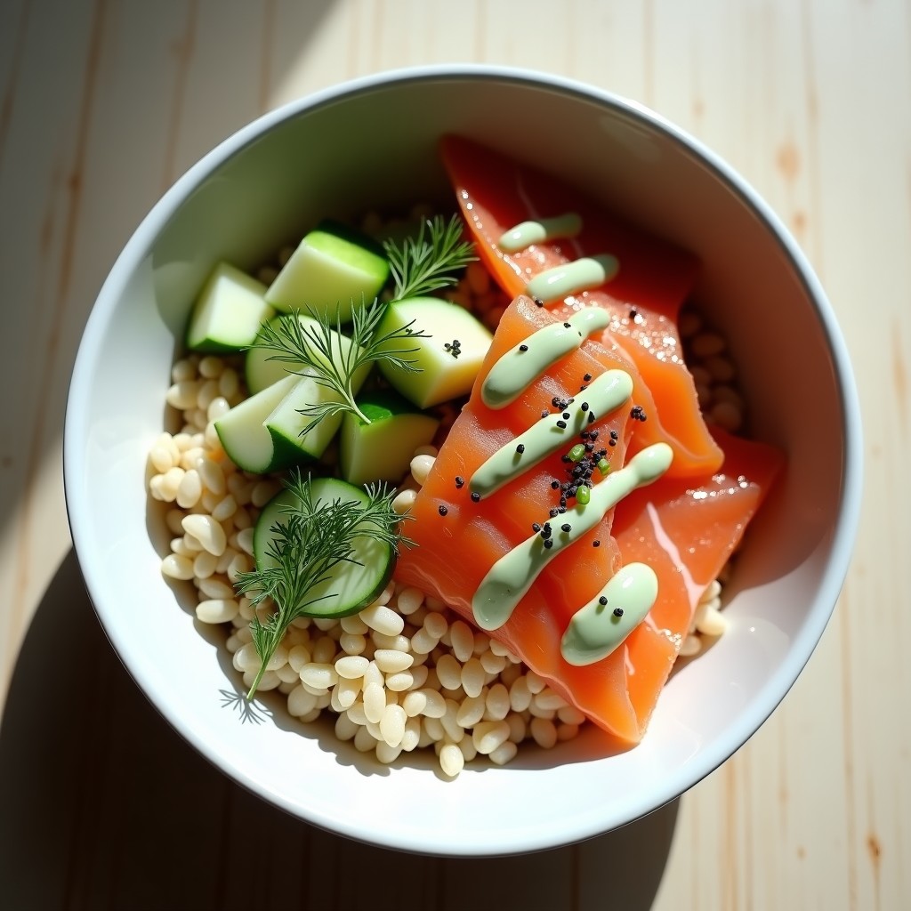 Bowl hondo de cerámica blanca con trigo sarraceno como base, láminas de salmón ahumado rosado, huevos duros en cuarto, pepino en cubos, cebollino picado y crema de rábano picante blanca con semillas de amapola. Receta polaca sin lactosa, alta en proteína y omega-3.