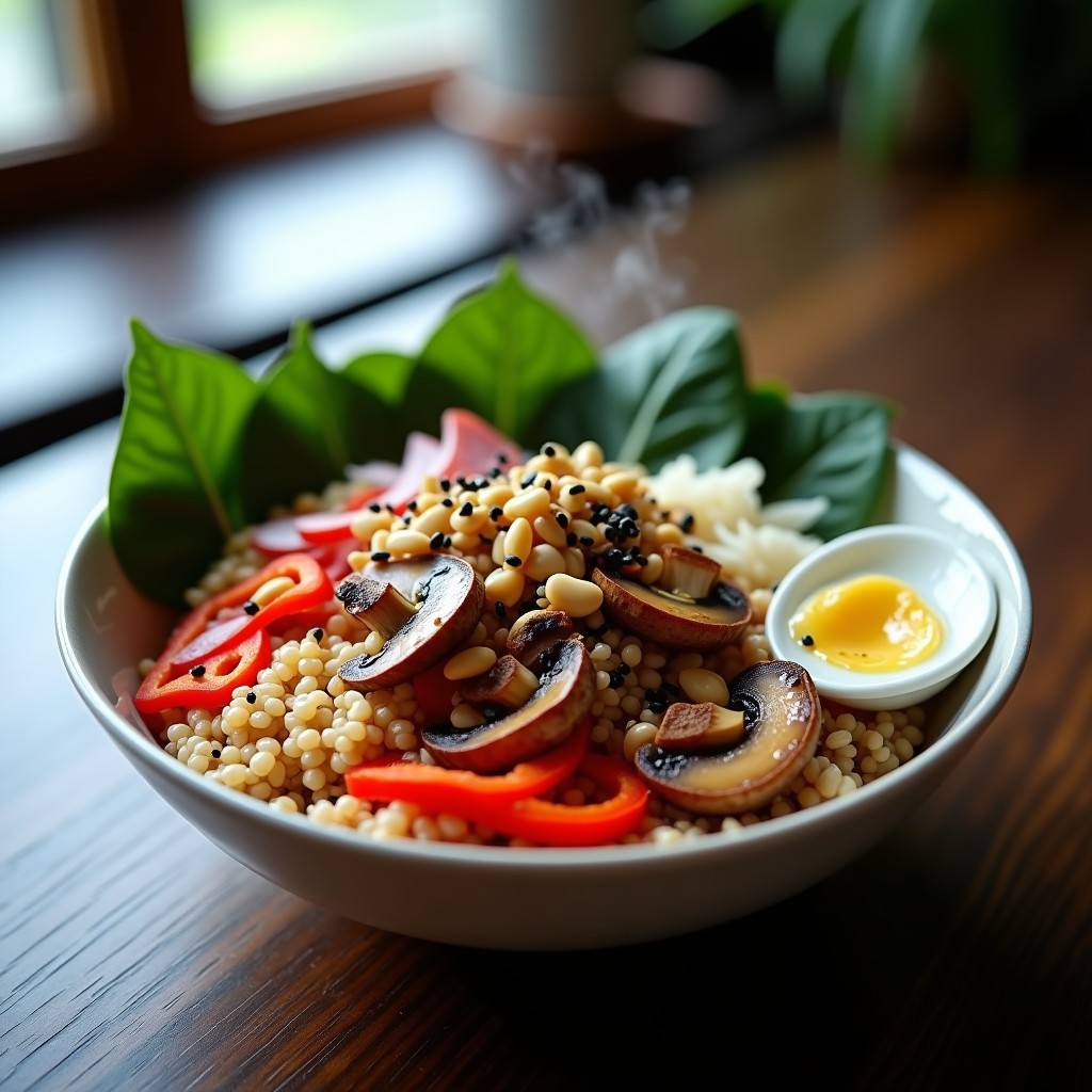 Bowl japonés de trigo sarraceno y setas shimeji salteadas con cebolla morada, pimiento rojo y espinacas, decorado con semillas de sésamo negro, algas nori y cacahuetes. Plato colorido y umami, sin gluten.