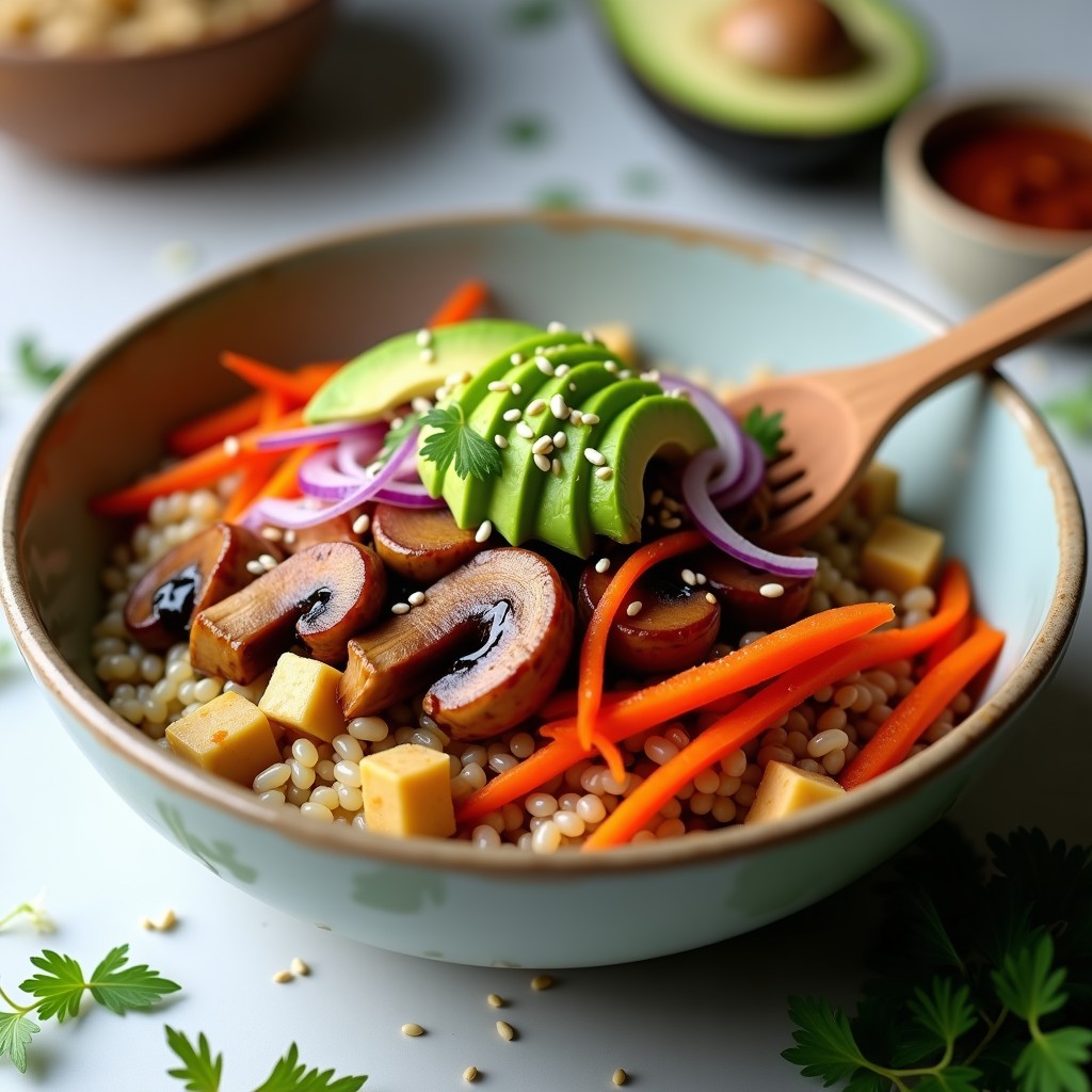 Bowl colorido con base de trigo sarraceno, hongos shiitake dorados, zanahoria, cebolla morada, pimiento asado y aguacate, bañado en salsa teriyaki sin soja brillante y espolvoreado con semillas de sésamo. Receta vegana y sin gluten.
