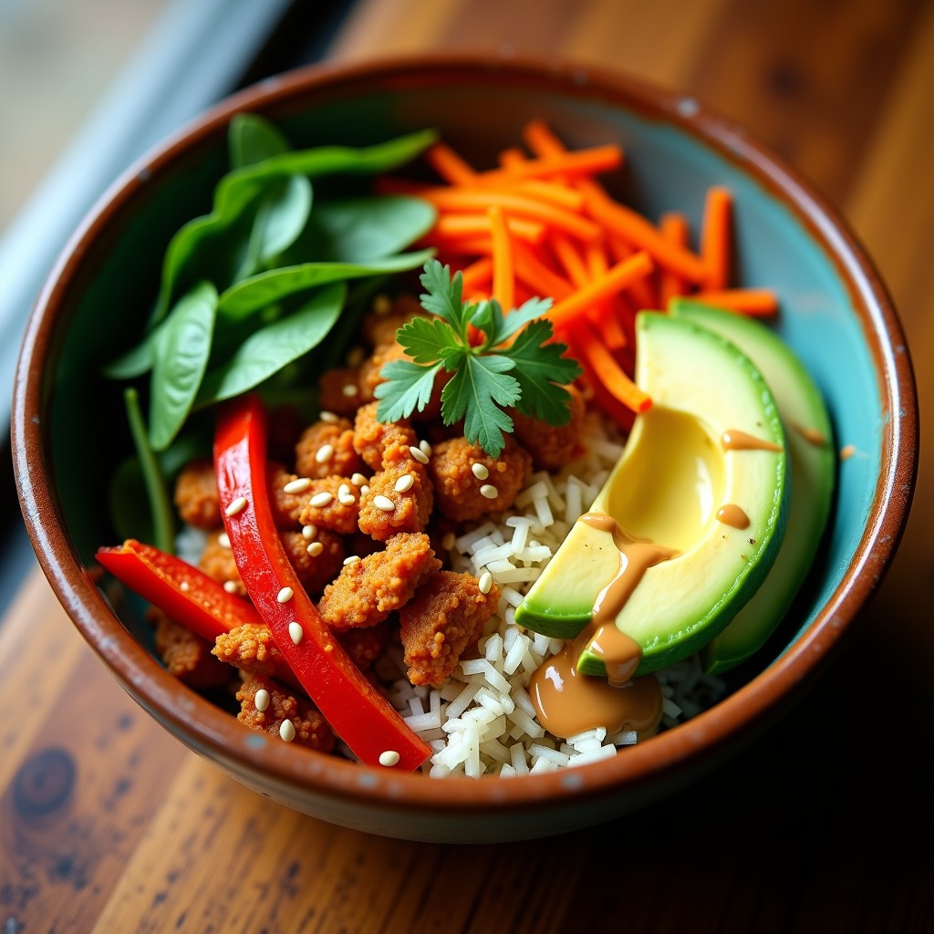 Bowl colorido con yaca asada dorada, espinacas frescas, zanahoria rallada, pimiento rojo y aguacate, bañado en aderezo cremoso de cacahuate, decorado con semillas de sésamo y cilantro. Receta vegana alta en fibra.