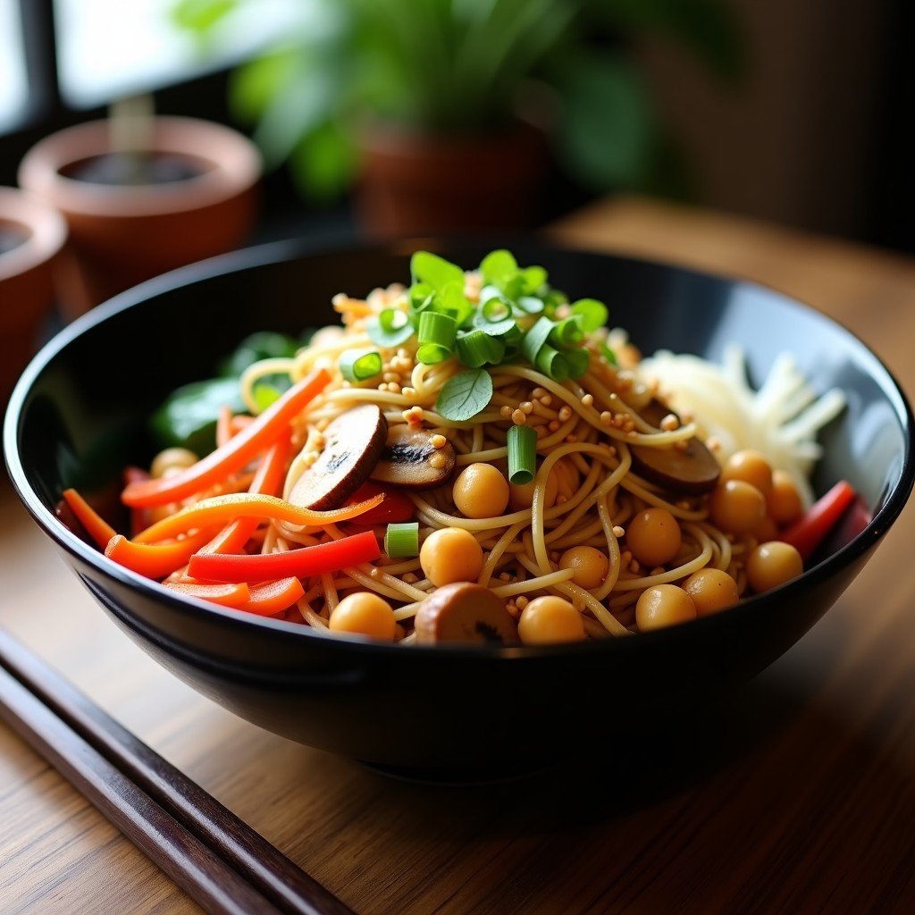 Bowl hondo de cerámica negra con yakisoba vegano de garbanzos salteados, zanahoria, pimiento rojo, champiñones shiitake y brotes de soja, bañado en salsa teriyaki sin azúcar. Decorado con semillas de sésamo, cebollino picado y tiras de nori. Fondos de palillos de madera y mantel rústico.