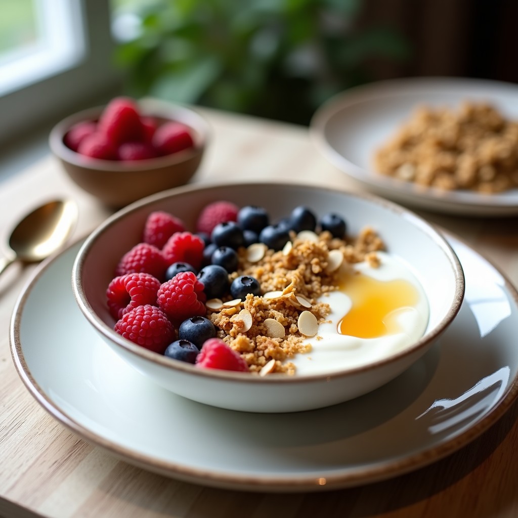 Bowl de cerámica blanca con yogur de cabra cremoso, granola de amaranto dorada y crujiente, frambuesas y arándanos frescos, y un hilo de miel. Desayuno keto y sin gluten con texturas contrastadas.