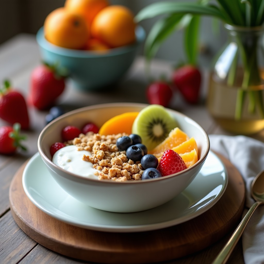 Bowl de yogur de coco cremoso coronado con granola de quinoa dorada, trozos de mango amarillo, semillas de granada rojas y pulpa de maracuyá. Decorado con kiwi verde, coco rallado y un hilo de miel de agave sobre fondo blanco rústico.