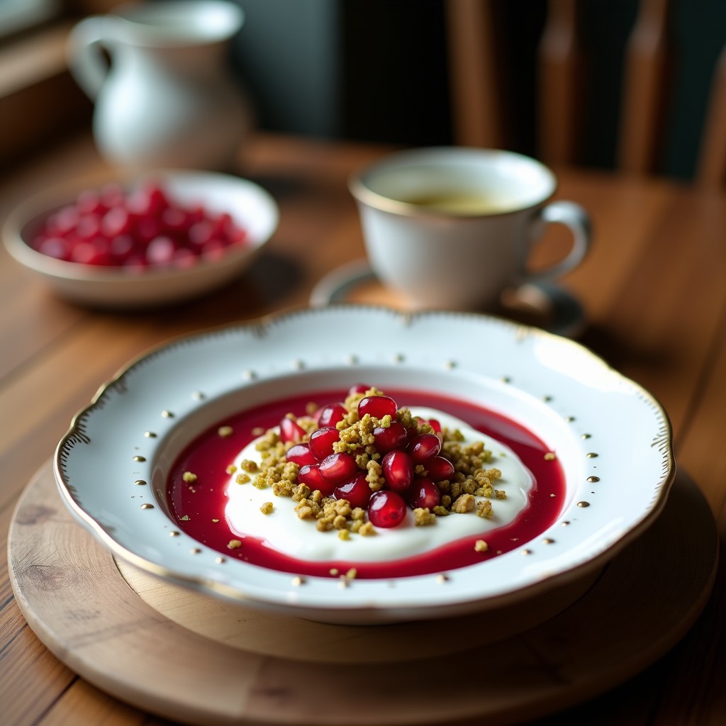 Bowl de cerámica blanca con yogur de coco cremoso, semillas de granada rojas brillantes, crujiente de pistacho verde y copos de coco tostados. Espolvoreado con cardamomo y un hilo de miel de agave, sobre fondo rústico de madera con especias y frutos secos dispersos.