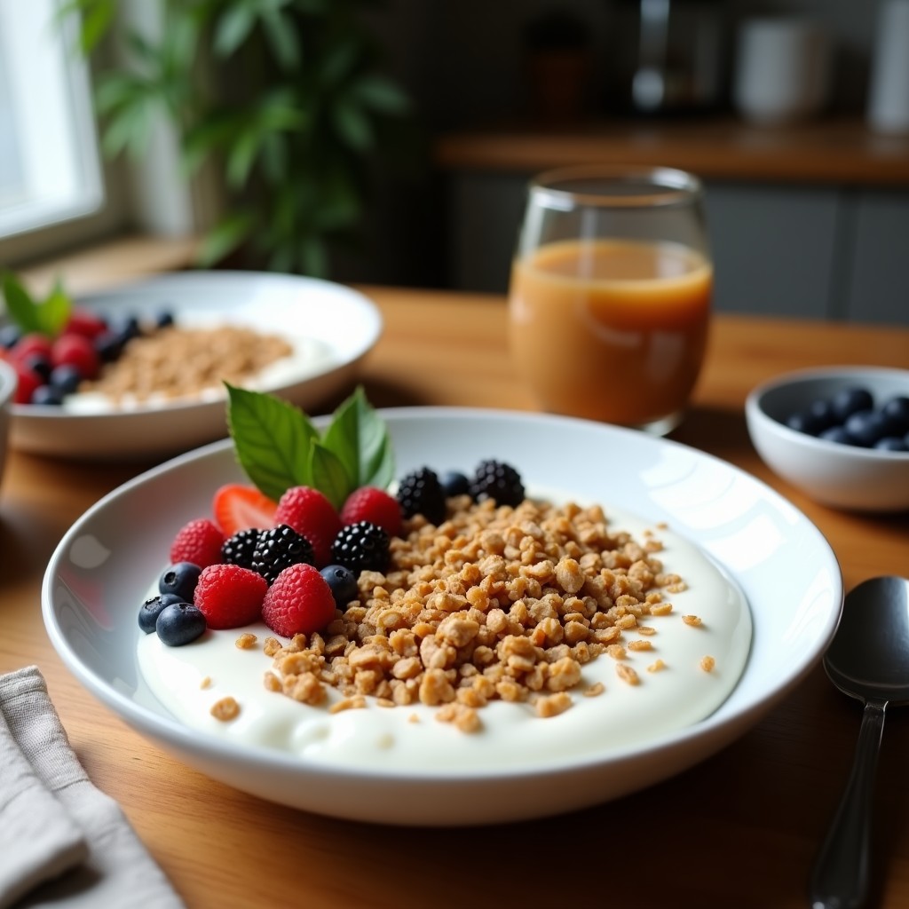 Bowl de yogur de coco blanco cremoso en cuenco de cerámica negra, coronado con granola dorada de caña de bambú, frutos del bosque frescos, coco rallado y un hilo de miel. Fondos Borrosos con toques tailandeses como hojas de bambú.