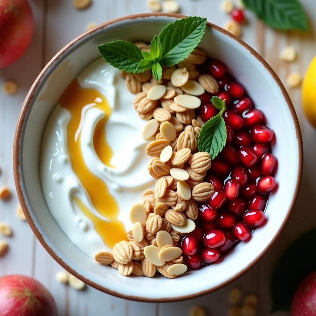 Bowl de yogur griego cremoso coronado con semillas de granada rojas brillantes, avena dorada, almendras fileteadas y hojas de menta fresca, servido en un plato blanco rústico con fondo de madera clara.