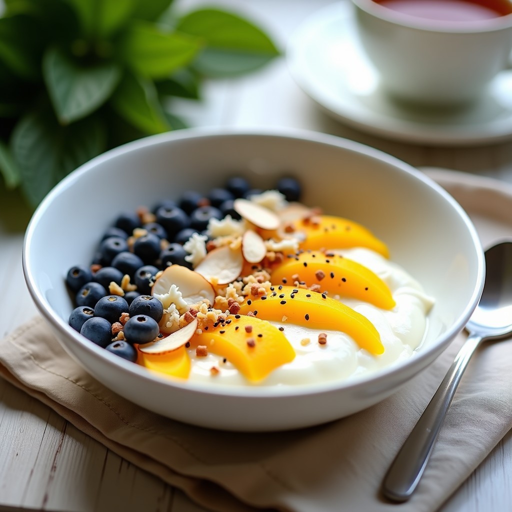 Bowl de cerámica blanca con yogur griego cremoso, pulpa de granadilla amarilla y naranja en el centro, semillas de amapola negras espolvoreadas, almendras fileteadas, coco rallado y hojas de menta. Receta de desayuno alta en proteína y probiótico.