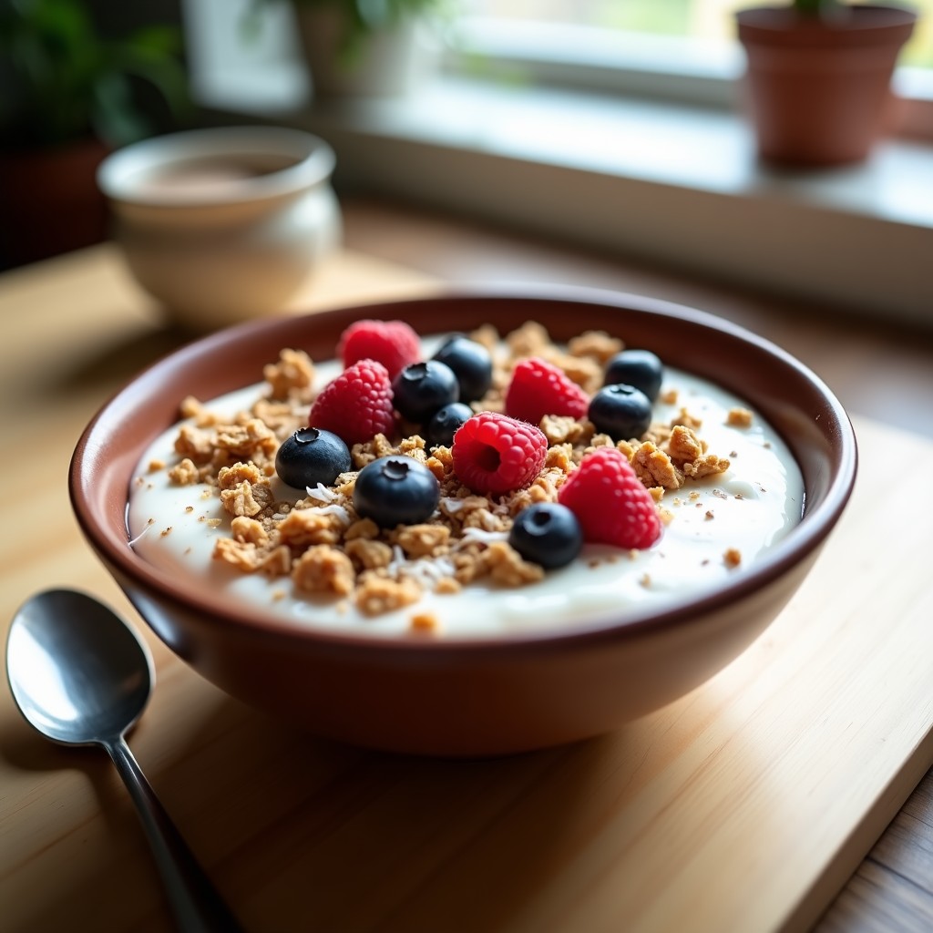 Bowl de yogur griego cremoso coronado con granola dorada de café y trozos de dátiles caramelizados, acompañado de frutos rojos frescos y un hilo de miel. Desayuno proteico y energético en 10 minutos.