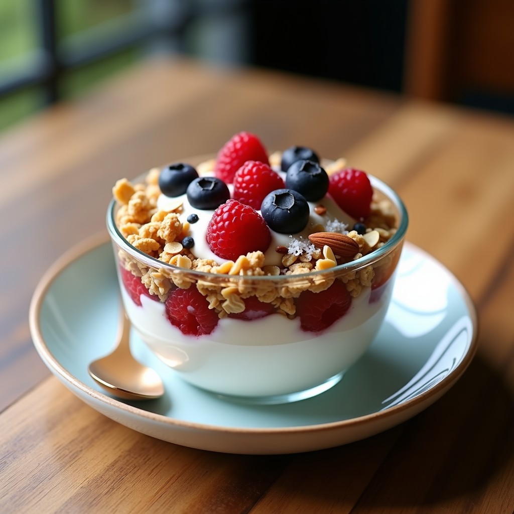 Bowl de desayuno con yogur griego cremoso, granola dorada de pepitas de calabaza y girasol, frambuesas y arándanos frescos, almendras fileteadas y semillas de chía, servido en un bol blanco sobre fondo de madera clara.