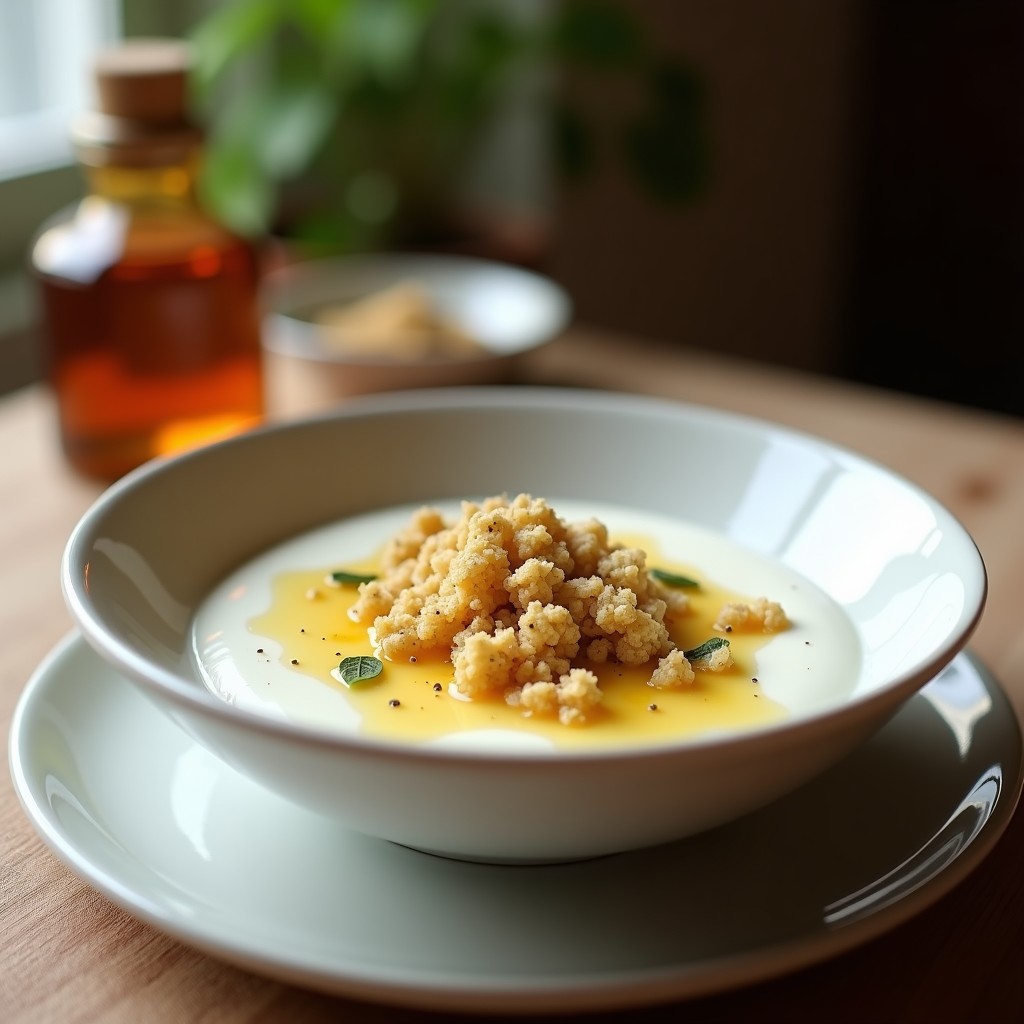 Bowl de cerámica blanca con yogur griego cremoso, granola dorada de pistacho y avena, higos frescos en láminas, hojas de menta y un hilo de miel de tomillo dorada. Desayuno mediterráneo saludable y alto en proteína.