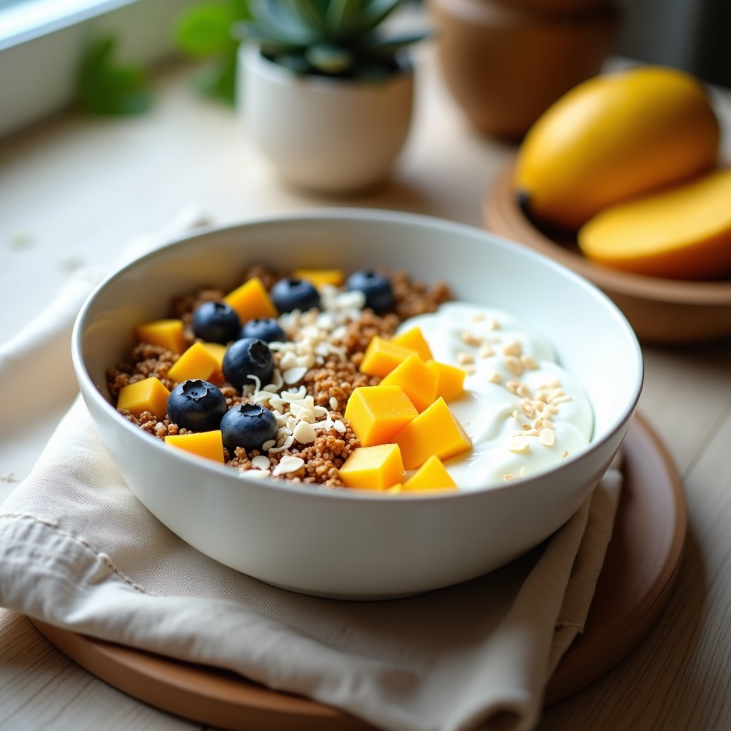 Bowl de desayuno vegano con yogur de soja cremoso, granola de quinoa dorada y crujiente, rodajas de plátano maduro, arándanos frescos y semillas de chía, servido en un plato hondo blanco sobre fondo rústico de madera.