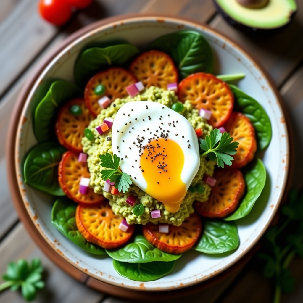 Bowl hondo de cerámica blanca con rodajas doradas y crujientes de yuca tostada, guacamole cremoso verde con trozos de tomate y cebolla morada, huevo poché con yema líquida brillante, semillas de chía tostadas y hojas de cilantro fresco. Plato típico colombiano keto, alto en proteína y sin gluten.