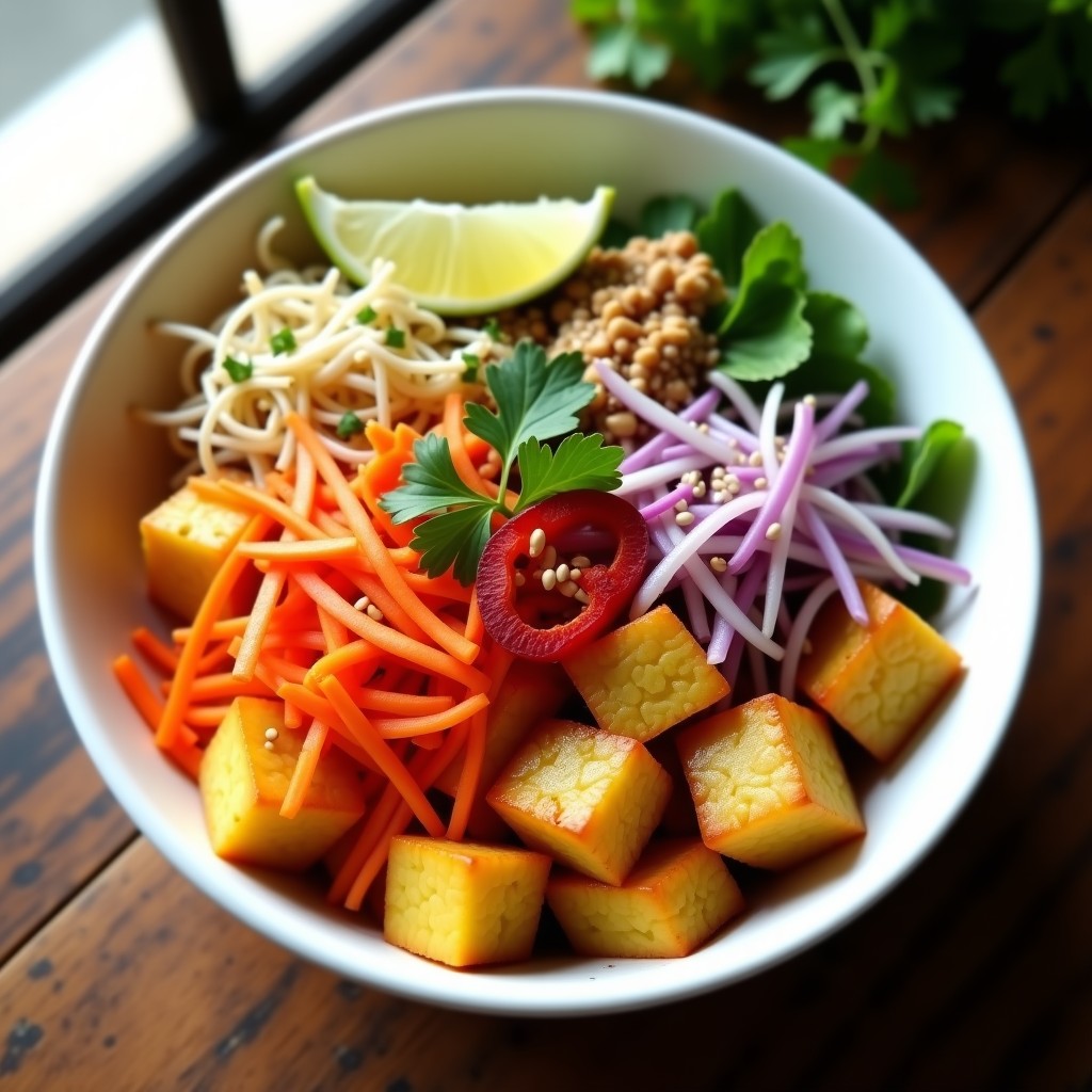 Bowl colorido con base de yuca asada dorada y crujiente, vegetales frescos en juliana (pimiento rojo, zanahoria y cebolla morada), brotes de soja, salsa de cacahuete cremosa y semillas de sésamo espolvoreadas. Plato vegano y sin gluten con toque tailandés, servido en un bol de cerámica blanca sobre fondo rústico.