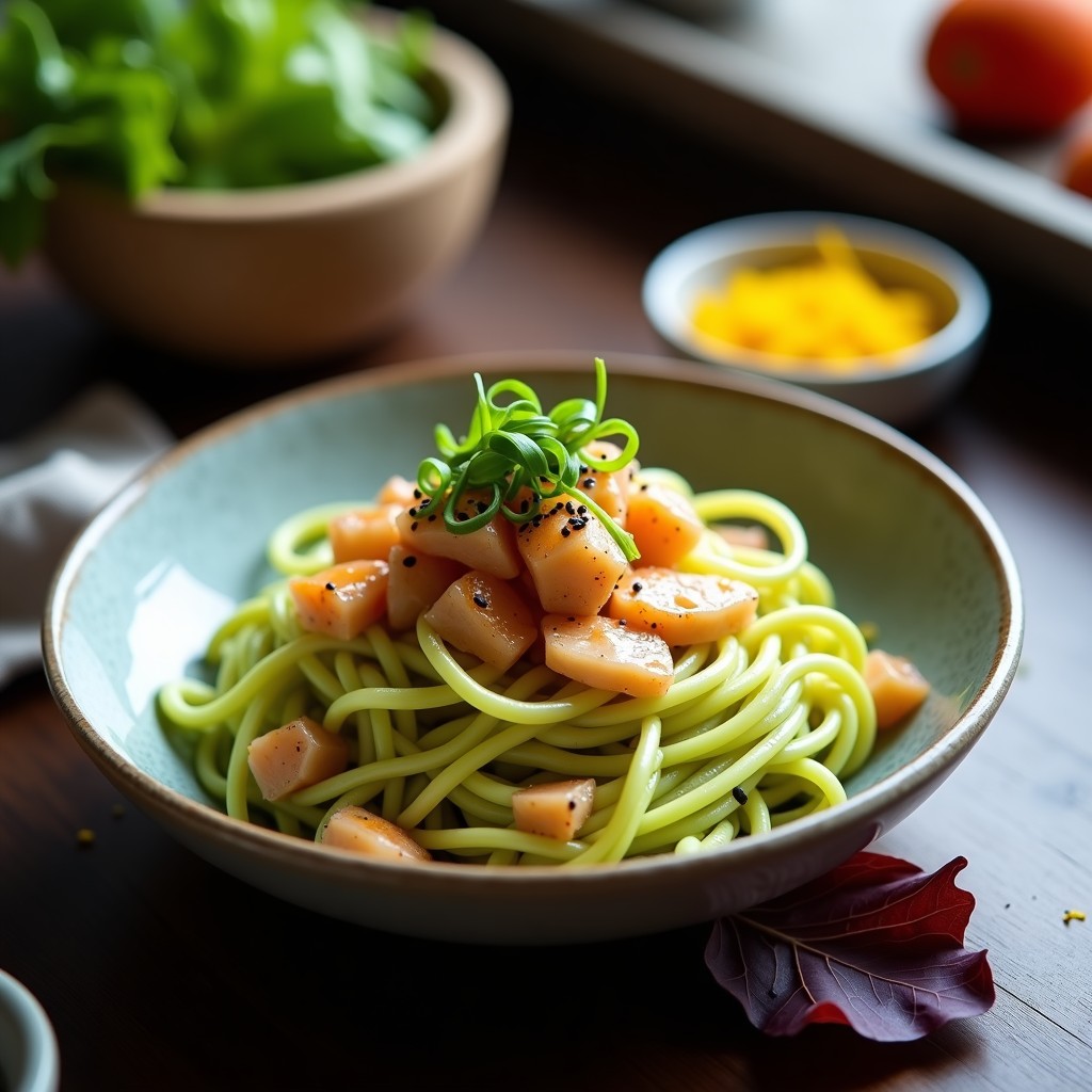 Bowl de fideos de calabacín en espiral con trozos de cangrejo salteado, bañados en salsa de limón yuzu, decorado con semillas de sésamo negro y cebollino fresco sobre hojas de lechuga morada, receta coreana keto.