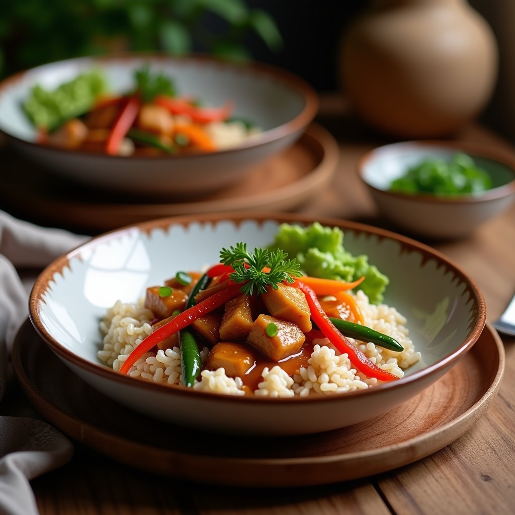 Bowl hondo de cerámica negra con capas de arroz violáceo, pollo teriyaki desmenuzado brillante, brócoli al vapor verde intenso, zanahoria naranja y pimiento rojo. Decorado con semillas de sésamo blancas, algas nori y gajos de limón amarillo. Receta de bowls de arroz violáceo con pollo teriyaki y vegetales al vapor en olla lenta.