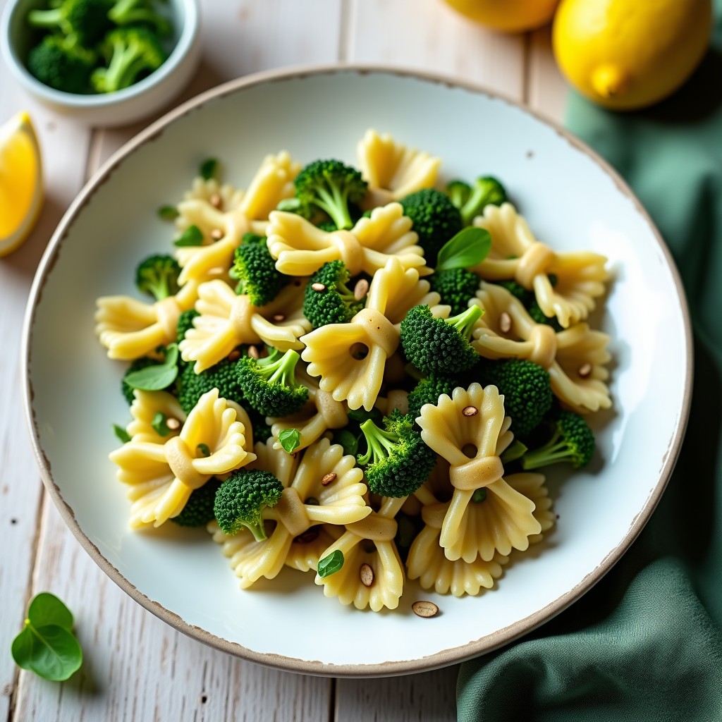 Plato blanco con Bowtie Pasta integral bañada en un pesto verde vibrante de brócoli y anacardos, decorado con semillas de girasol y hojas de albahaca fresca. Receta vegana alta en fibra sin lácteos.