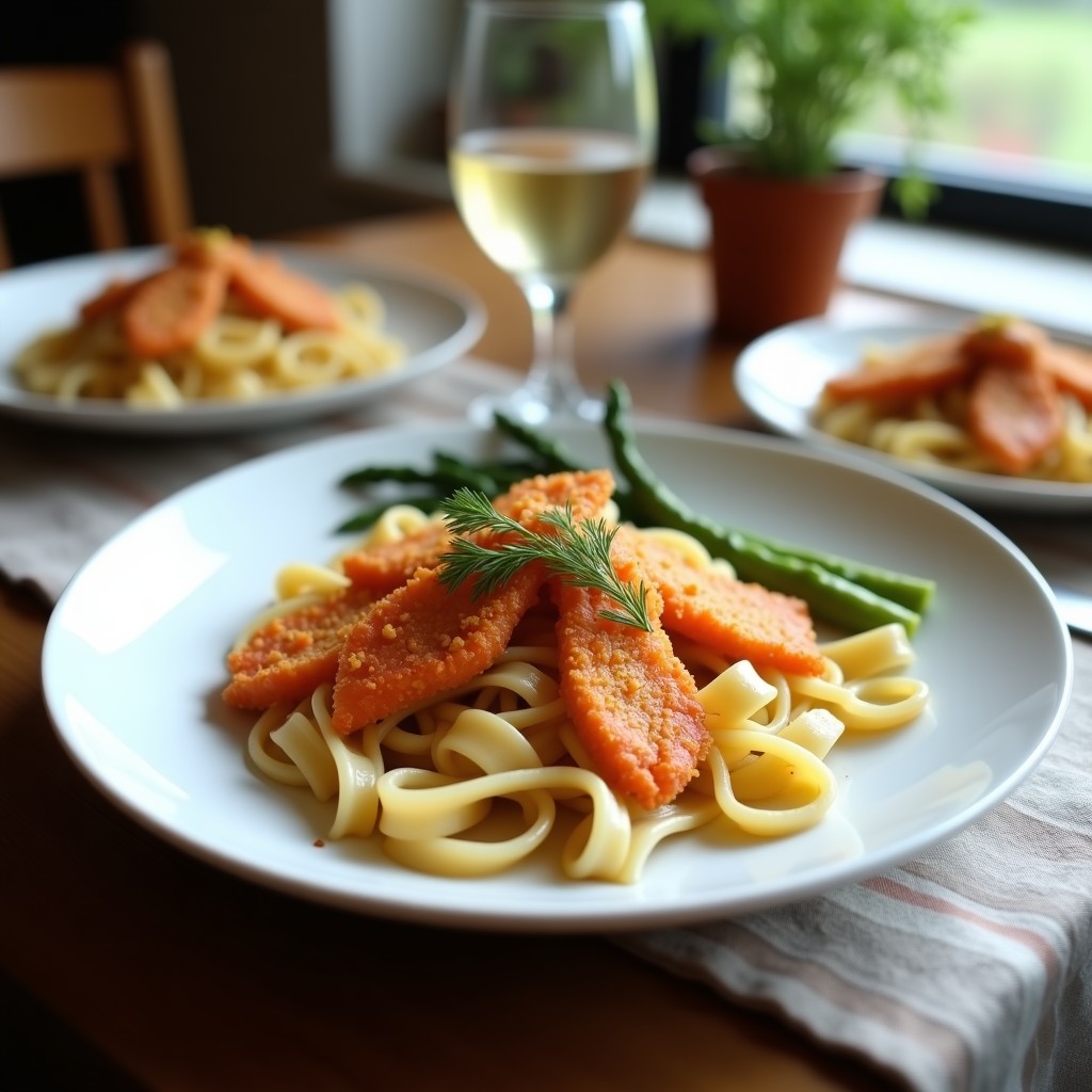 Plato blanco elegante con bowtie de pasta farfalle integral, tiras de salmón ahumado empanizado dorado y espárragos trigueros asados, acompañados de salsa cremosa de mascarpone y limón confitado. Receta italiana en airfryer.