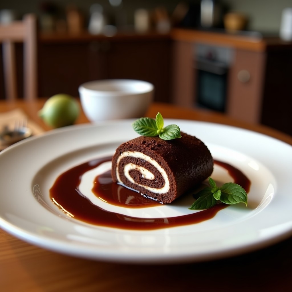 Brazos de gitano cortados en rodajas sobre un plato blanco, mostrando capas de bizcocho esponjoso de harina de castaña y relleno cremoso de chocolate negro y puré de castaña, decorados con canela espolvoreada.